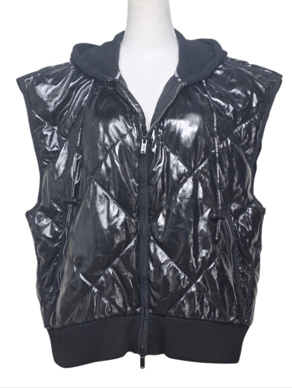 FP Movement by Free People Glossy Black Quilted Hooded Puffer Vest Size M